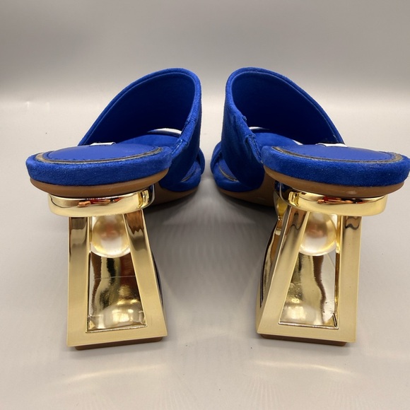 Gianni Bini Paityn suede mules in blue with a gold architectural heel. - Picture 7 of 10
